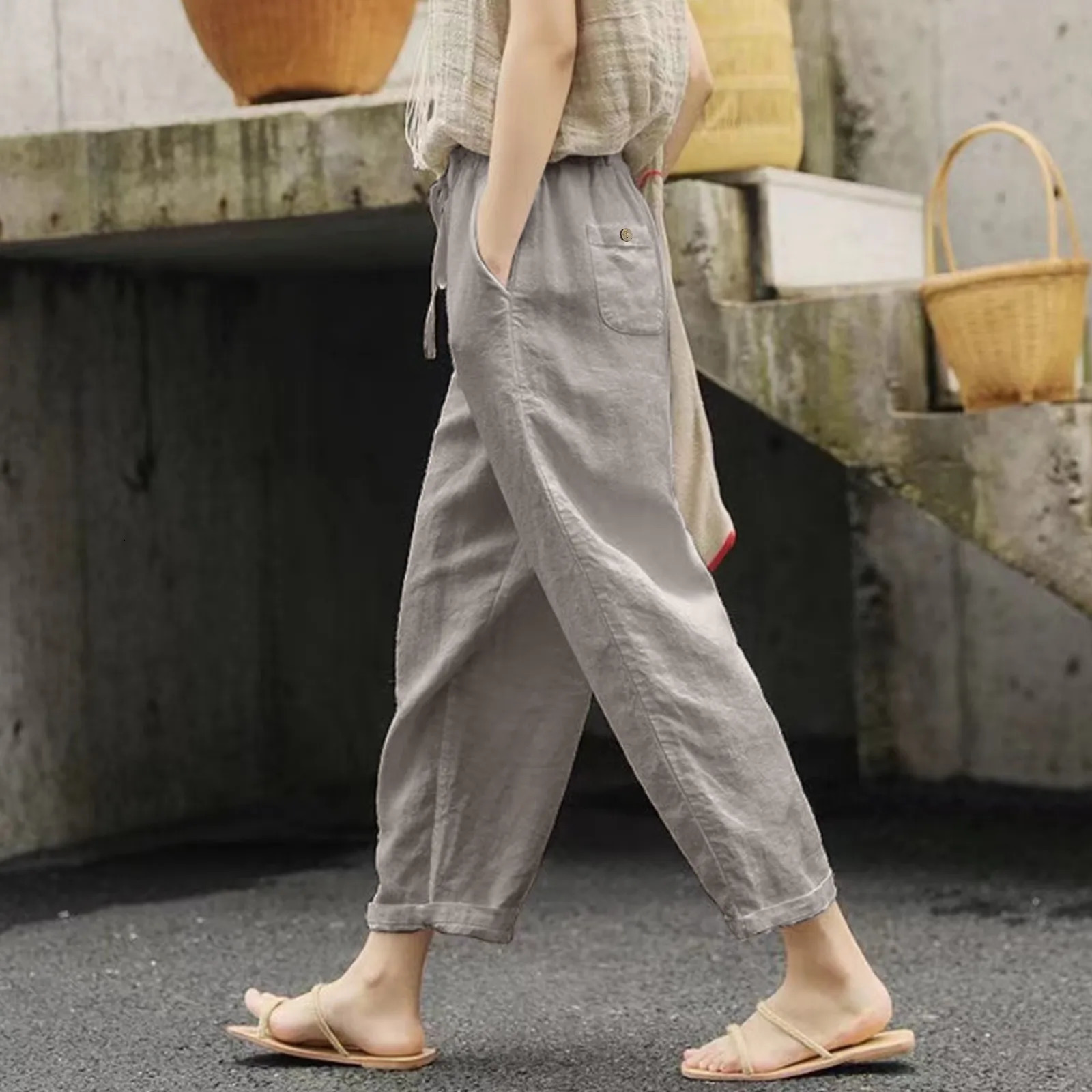 Casual Baggy Cropped Linen Pants For Women Elastic Waistband Wide Leg Trousers Streetwear Baggy Sweatpants Womens Summer Pants 250614