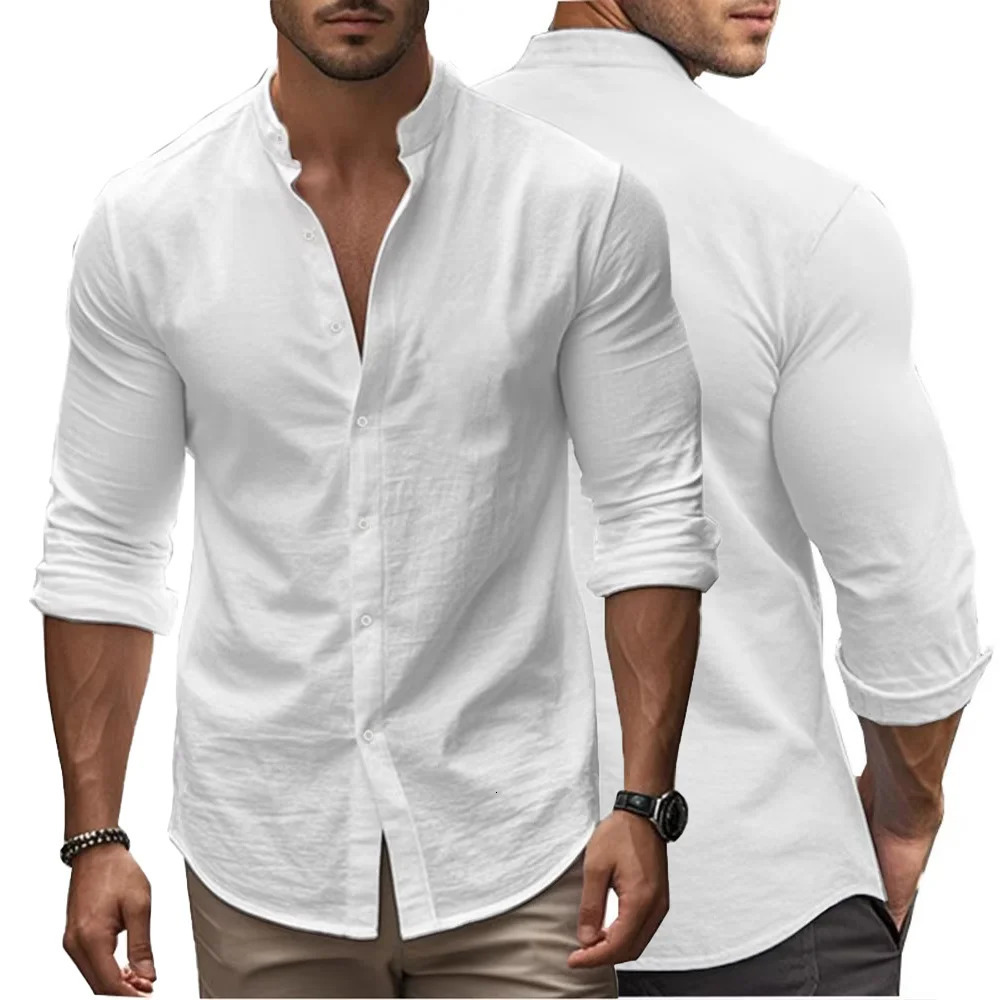 Spring and Summer Mens Shirt Cotton Linen Slim Casual Hawaii Solid Colour Basic Style Breathable Mens Versatile Tops250616