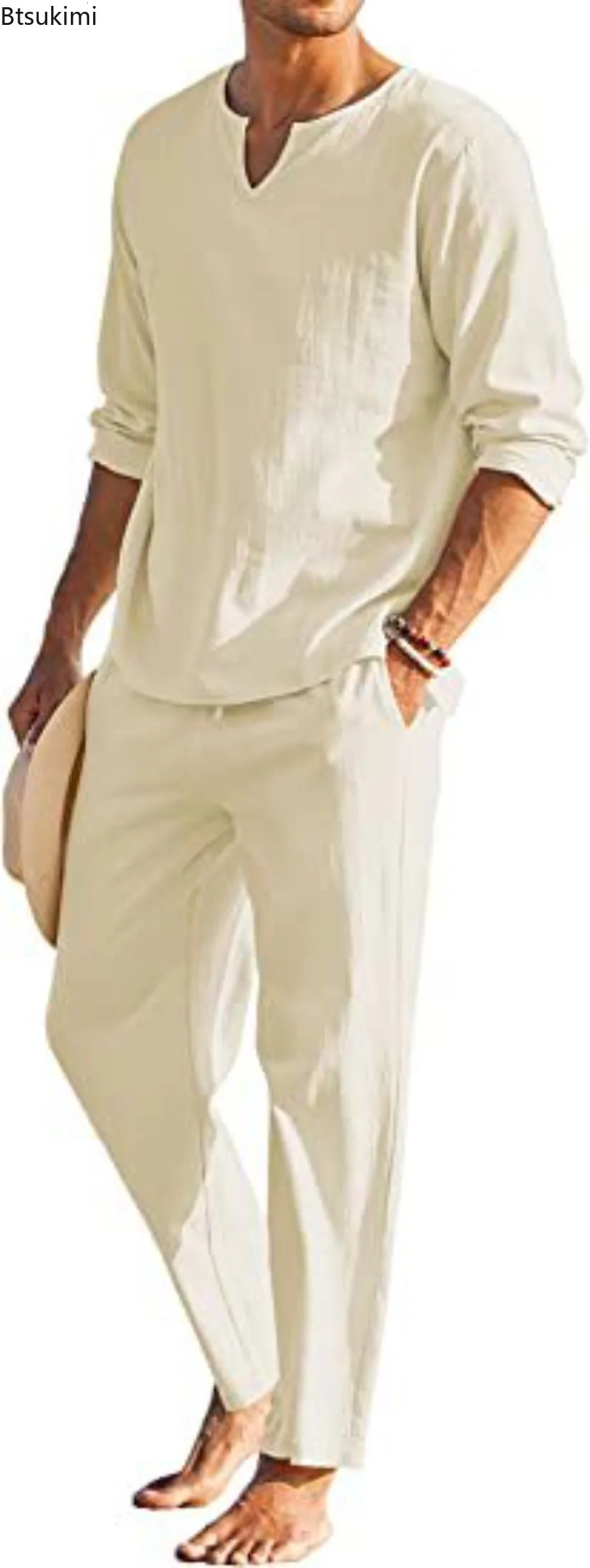 Casual Cotton Linen 2-piece Sets for Men Fashion Solid V Neck Long Sleeve Tops and Pants Mens Beach Style Summer Clothing 250614