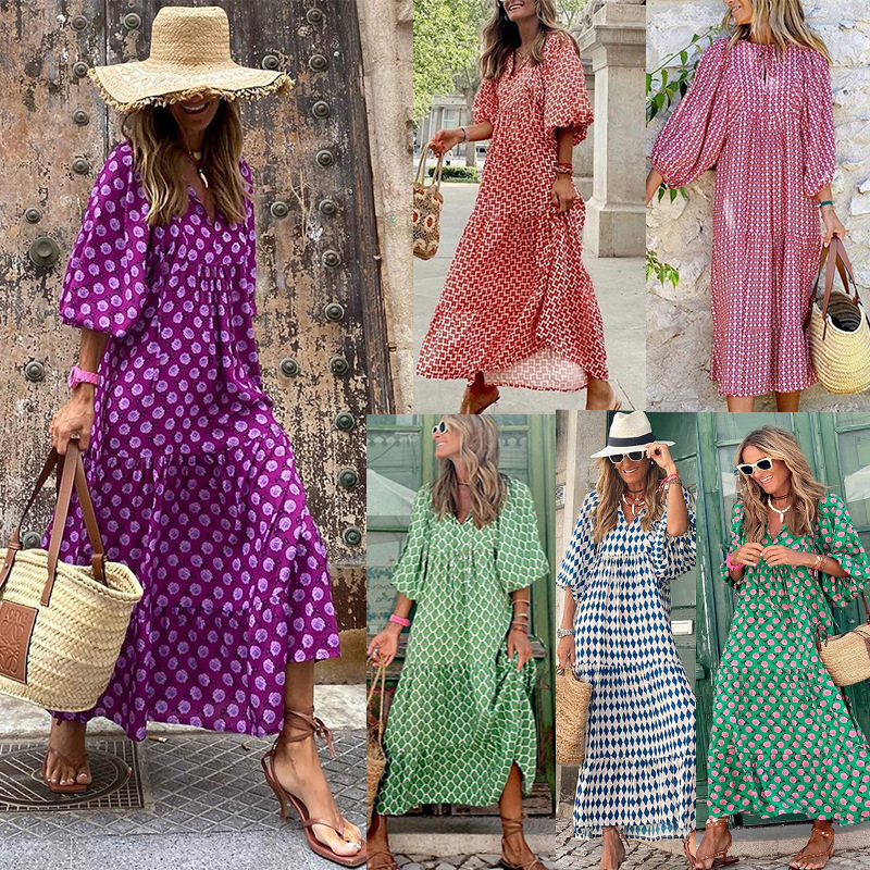 Designer Plus Size Dressspring And Autumn New European And American Style Geometric Patchwork Puff Sleeve Dress For Women Street Fashion Plus Size L