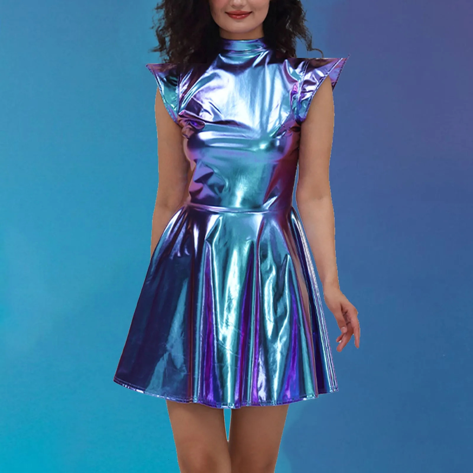 Metallic Womens Shiny Dress Holographic Solid Color Turtleneck Pleated Dress Carnival Costume Gold Silver Rave Dress Outfits 250617
