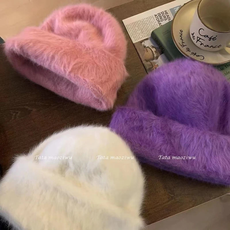 Fashion Rabbit Fur Beanies for Women Soft Warm Fluffy Winter Hat for Female Hairy Thick Hat Bonnet Hat Skullies Beanies Cap 250618