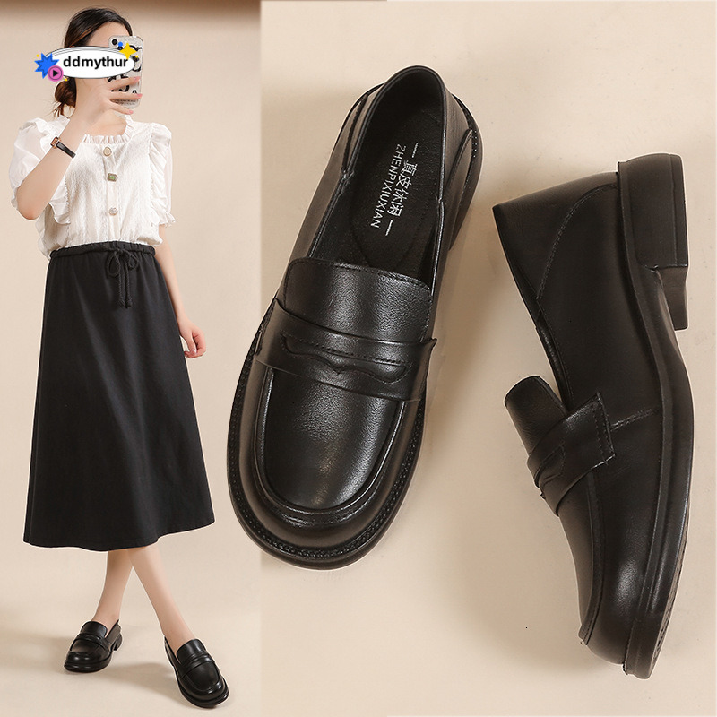 Cowhide Flat for Women 2024 Spring Autumn New Soft Sole Single Shoes British Style Slip-On Loafers ddmythur