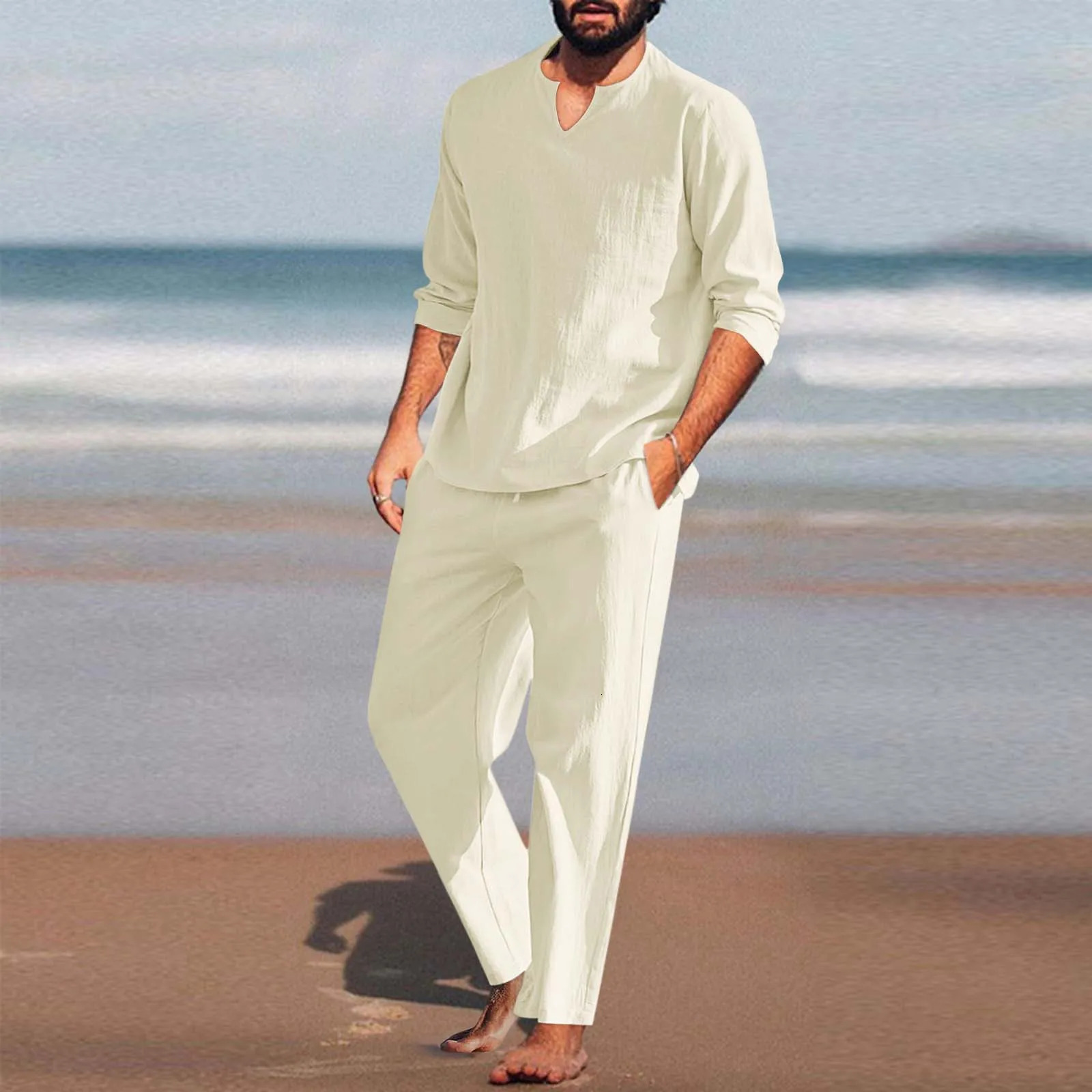 Spring Summer Casual 2 Piece Set Breathable Cotton Linen Loose Pant Sets Mens Beach Yoga Sport Trousers Suits Ropa Hombre 250614