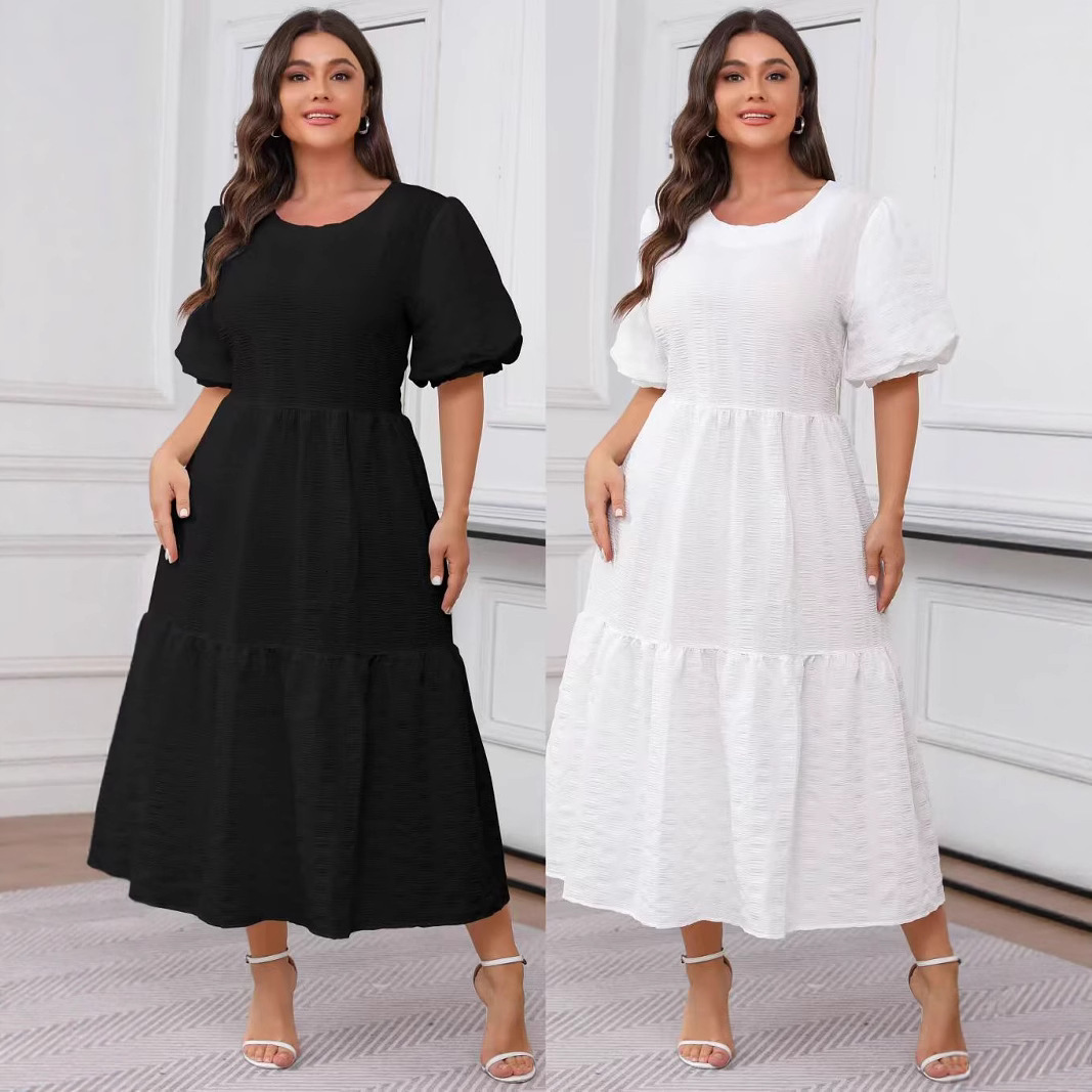 Designer Plus Size Dressamazon 2025 New European And American Cross-border Plus Size Women's Round Neck Dress Ruched Layered Bohemian Maxi Dres