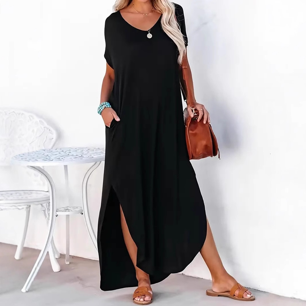 Designer Plus Size Dresseuropean And American 2025 Amazon Spring/summer New Loose Fashion Casual Elegant Solid Color Split Dress