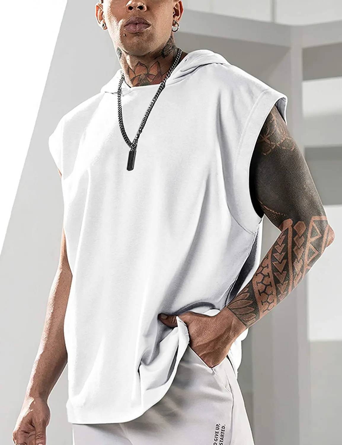 2025 Vest Hooded Solid Color Mens Casual Pullover Sports Mens T-shirt Sleeveless Mens Waistcoat Loose 250619