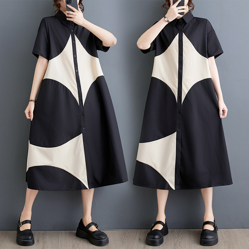 Designer Plus Size Dressreal Shot 2025 Summer New Loose Plus Size Printed Patchwork Casual Simple Sweet Short Sleeve Dress