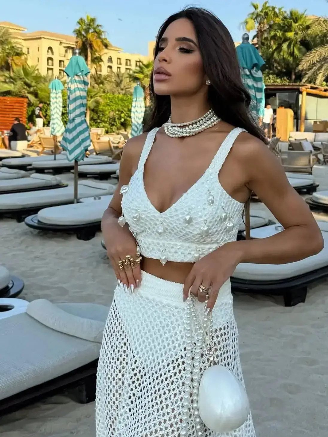 Pearl Skirt Set Women A Line Skirt High Waist Beach Skirt Bandage Super Short Top Summer Beach Holiday Party Bathing Suit 250614