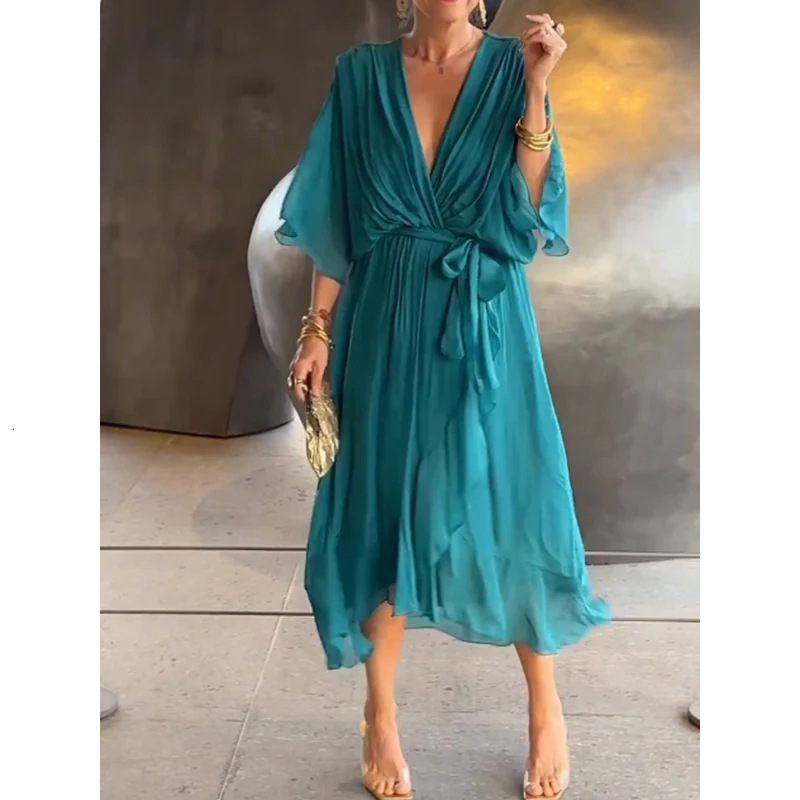 Designer Plus Size Dressnew European And American Women's Fashion Cross-border Amazon Solid Color Tie Long Dress Batwing Sleeve Irregular Dress