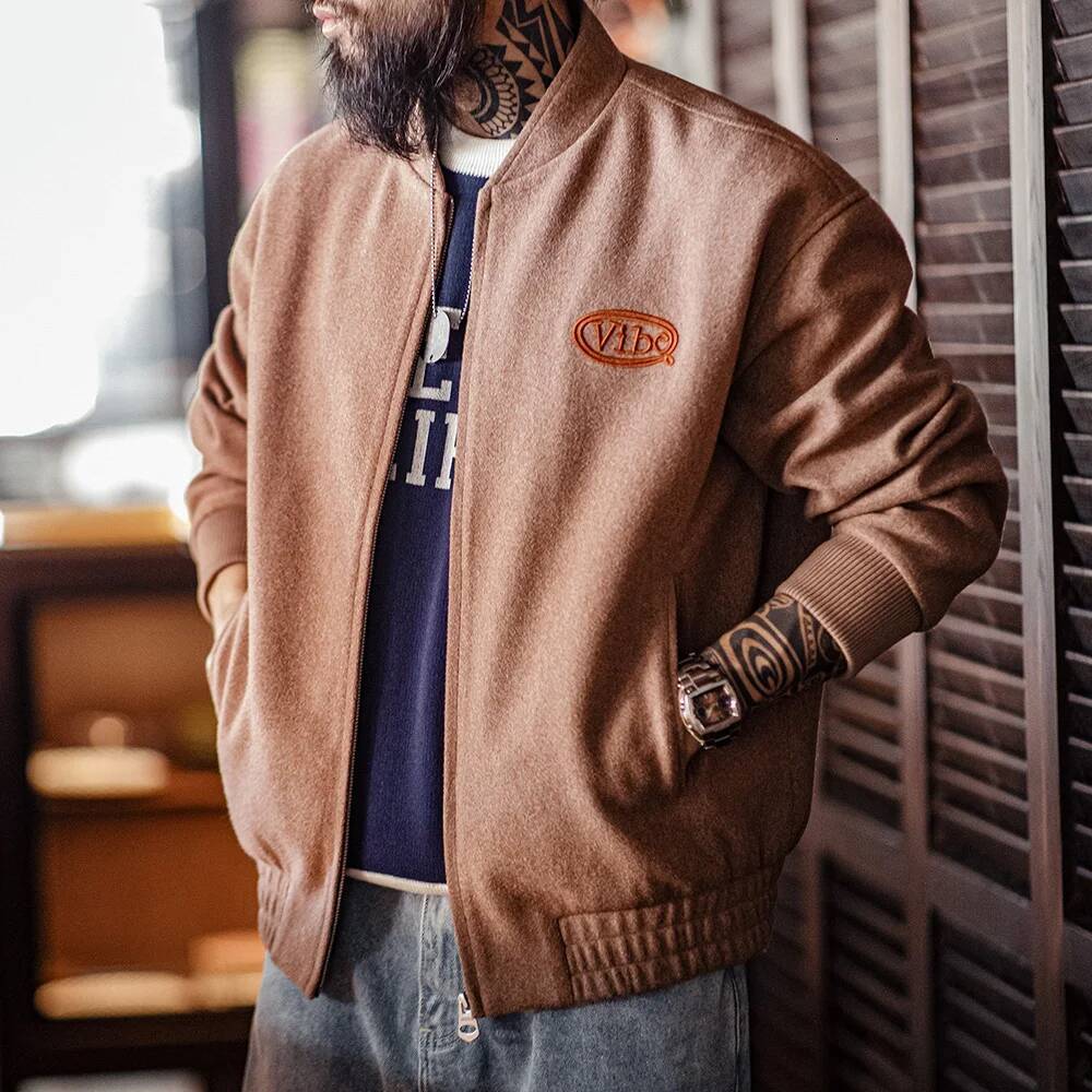 Maden Vintage Woolen Baseball Short Zippered Letter Embroidery Solid Color Jacket For Men's Spring And Fall Outerwear