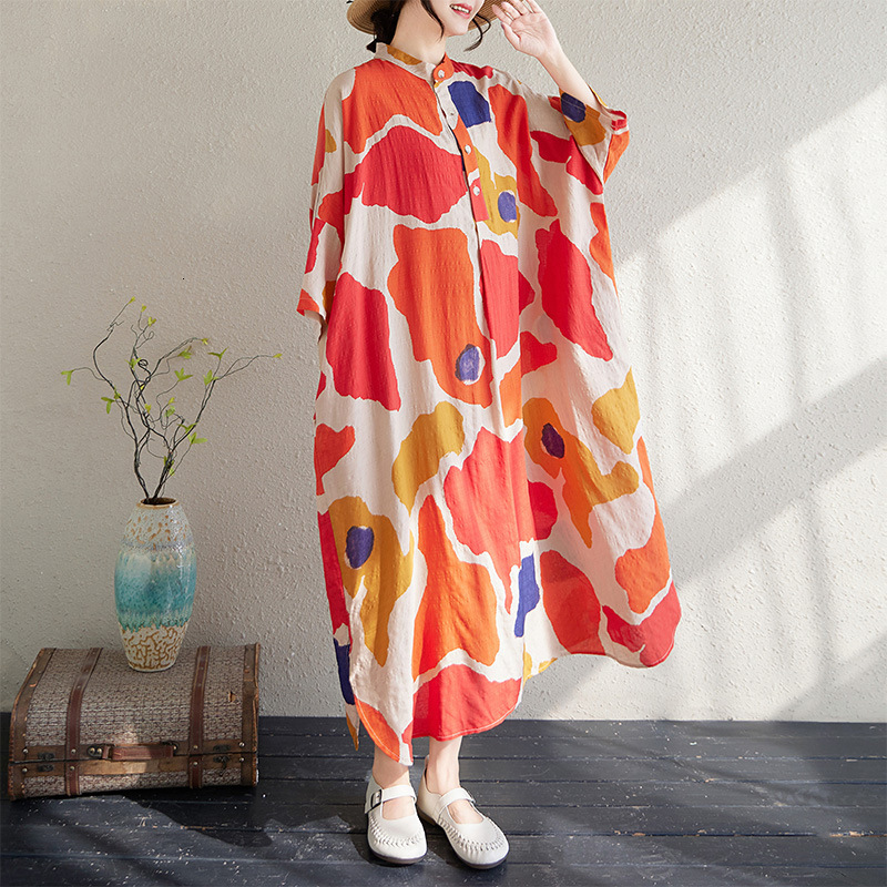 Designer Plus Size Dressforeign Trade Plus Size Spring Summer New Elegant Literary Retro Cotton Linen Printed Stand Collar Loose Extra Long Holiday