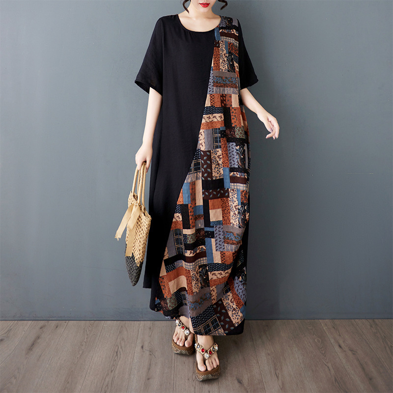 Designer Plus Size Dresssummer New Plus Size Cotton Linen Tummy Covering Slimming Round Neck Short Sleeve Color Block Extra Large Long Dress For Plu
