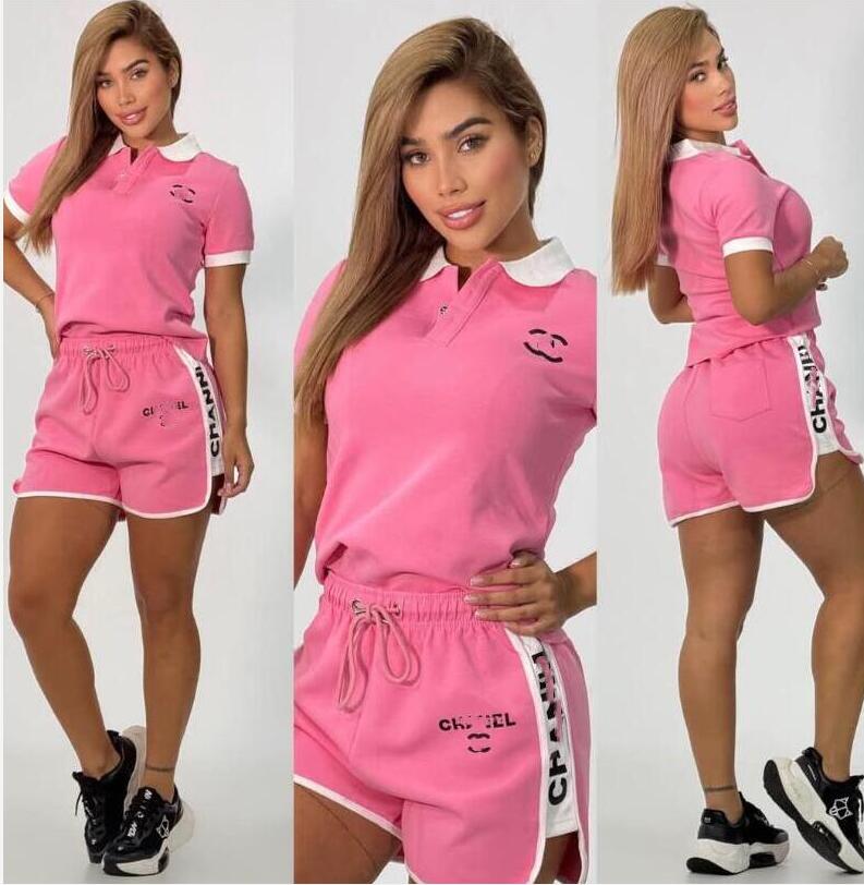 Summer desinger women's brand new desinger casual two piece sets contrast tracksuit sport Tshirt + shorts fashion girl streetwear jogger zipper