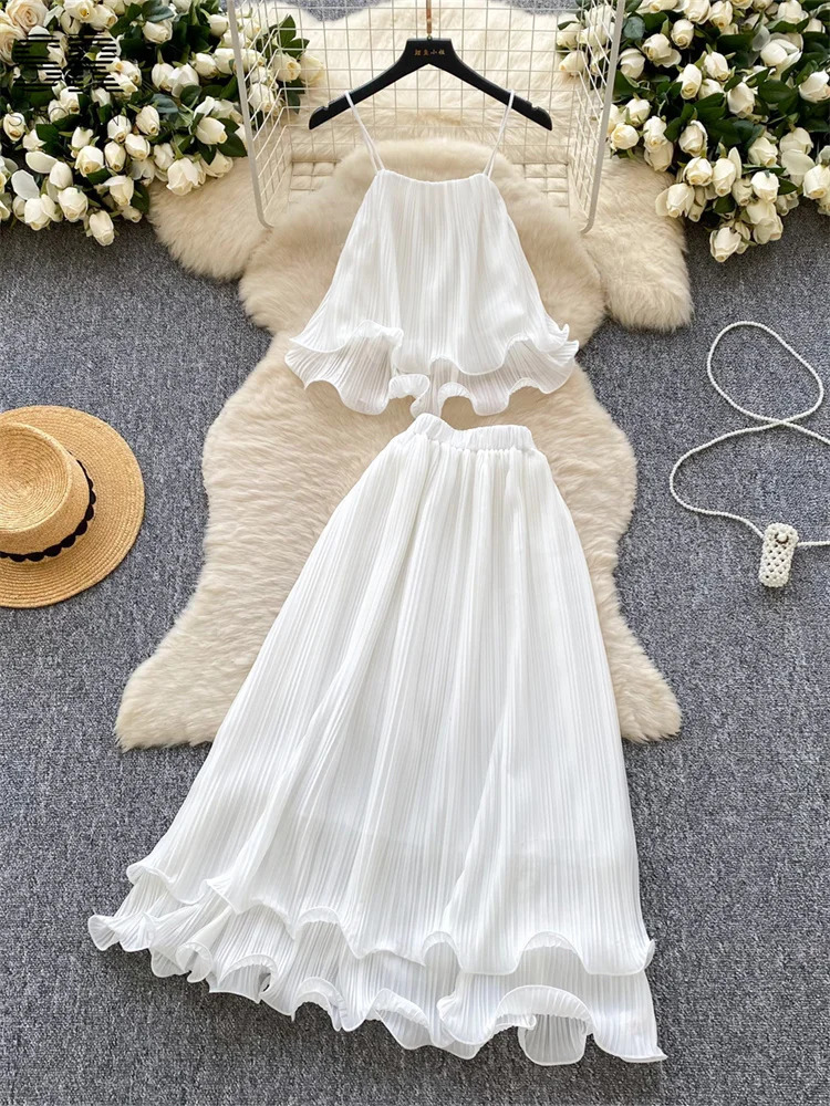 SINGREINY Summer Gentle Vacation Sets Women Sleeveless Strapless Spaghetti Strap Elastic Waist Skirt Ruffles Pleated 2pcs Suits 250616
