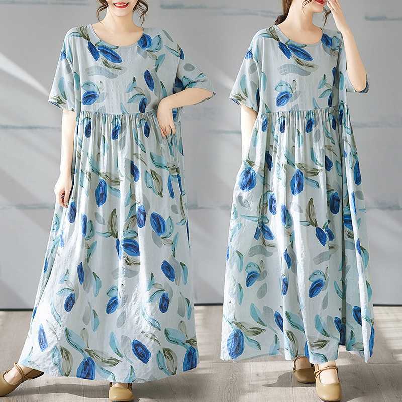 Designer Plus Size Dress2025 Middle East And Western Fashion Cross-border Hot Sale Cotton Linen Blend Plus Size Loose Elegant Large Swing Five-point