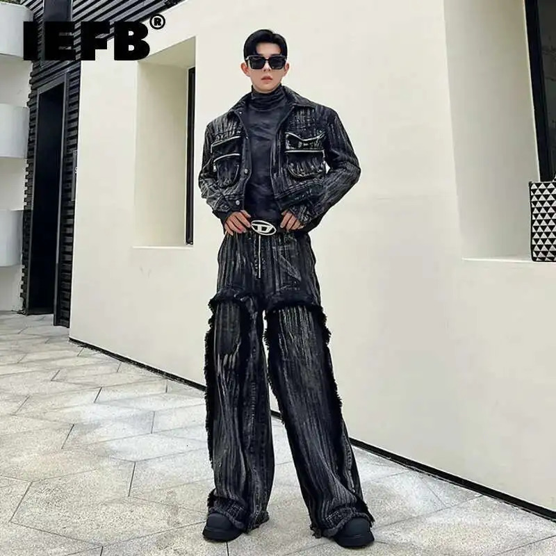 IEFB Dyed Hand Painted Denim Two Pieces Set Trend Men Fashion Big Pockets Short Jacket Straight Wide Leg Jeans Autumn 9C2991 250619