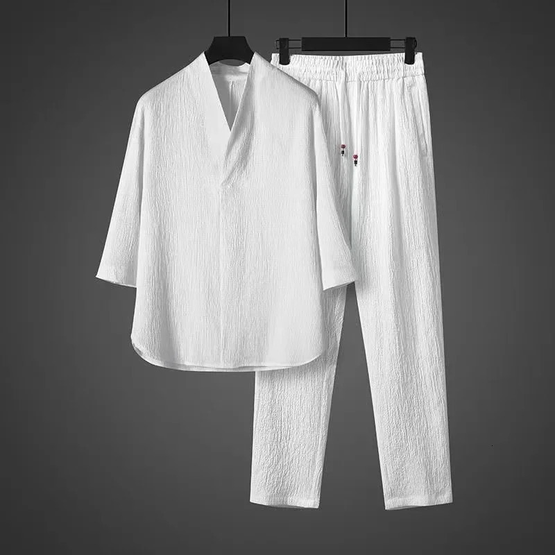 2024 Summer Mens Chinese Style Ice Silk Vintage Hanfu T-shirt and pants set loose and breathable casual two-piece set250616
