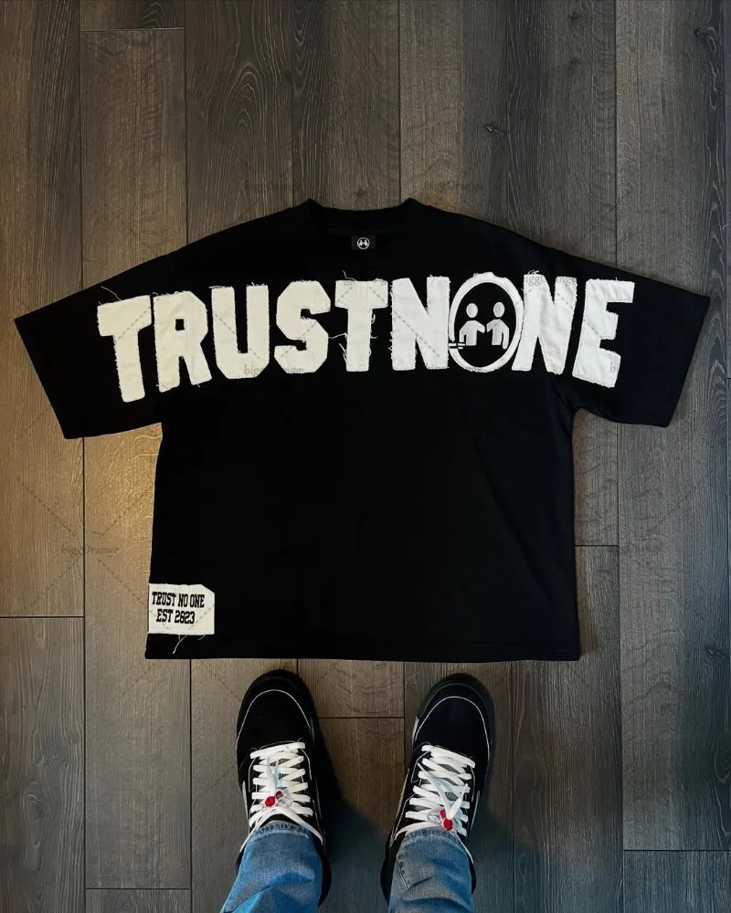 Trendy Casual Loose Letter T-shirt Men Street Hip-hop Fashion Cotton Retro Y2K Harajuku Oversized Top 250617