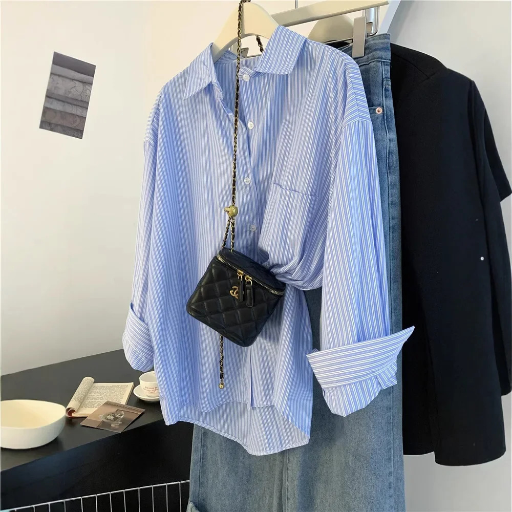 Chic Blue Striped Polo Neck Long Sleeve Shirt Womens Spring Autumn Style Layering Korean Fashion Slim Fit Button Detail 250616