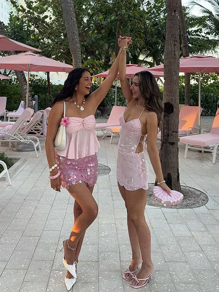 Sequined Print Womens Two Piece Suit V-neck Sleeveless Vest A-line Hip Package Short Skirt Summer Female Beach Outfits 250616