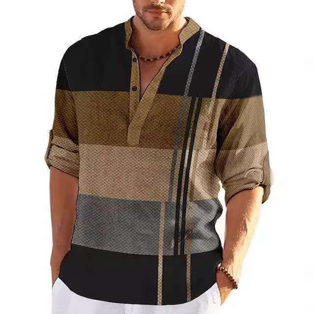 New Spring And Autumn Simple Color Block 3D Printed Stand Collar Men's Casual Shirt B5