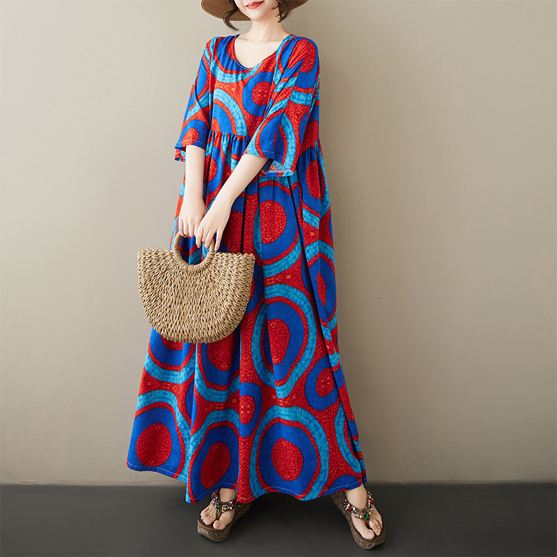 Designer Plus Size Dress2025 Summer New Casual Vacation Flowing Women's Plus Size Dress Round Neck Shoulder Sleeve Loose Large Hem Foreign Trad