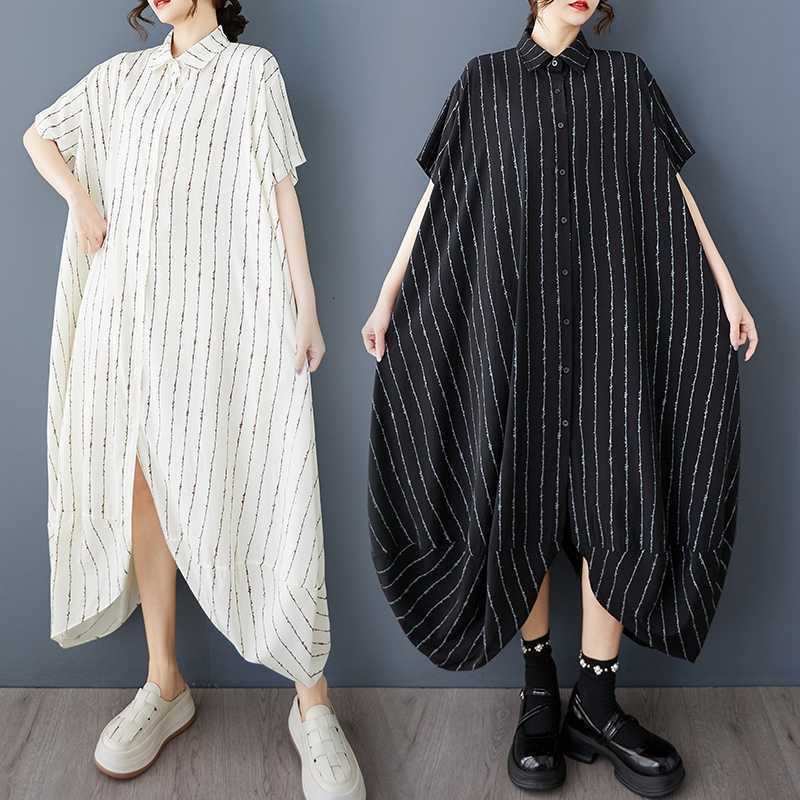 Designer Plus Size Dress2025 Summer New Loose Plus Size Artistic Design Striped Print Irregular Mid-length Dress