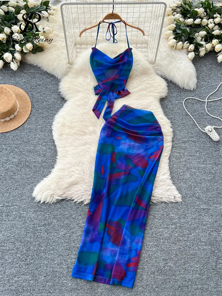 SINGREINY American Ins Sexy Sets Halter Backless Mini TopsLong Bodycon Skirt Women Tie Dye Beach Print Mesh Two Piece Suits 250616