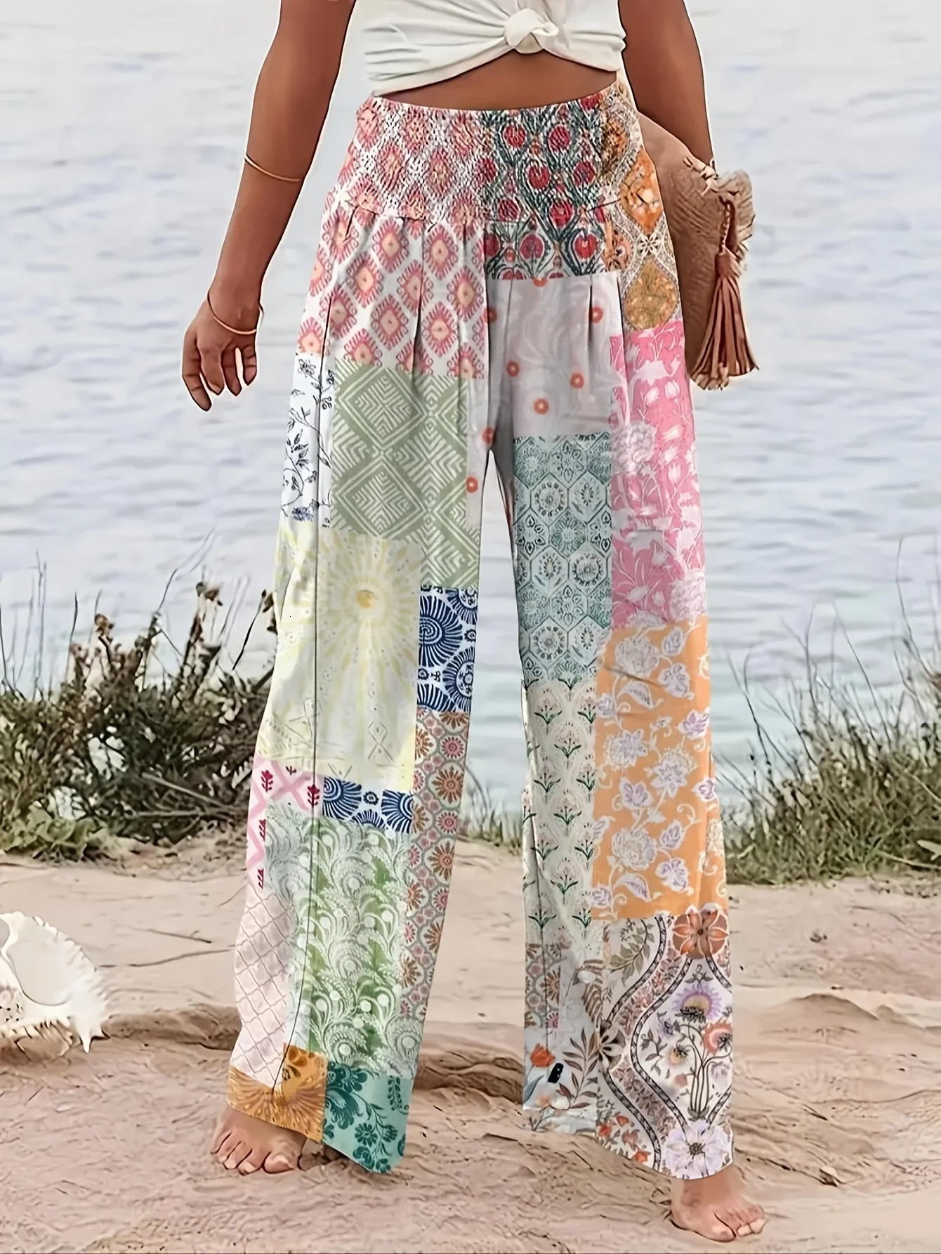 Plus Size 1XL5XL Women Fashion Floral Printed Wide Leg Pants Female Casual High Waisted Loose Long Trousers 250609
