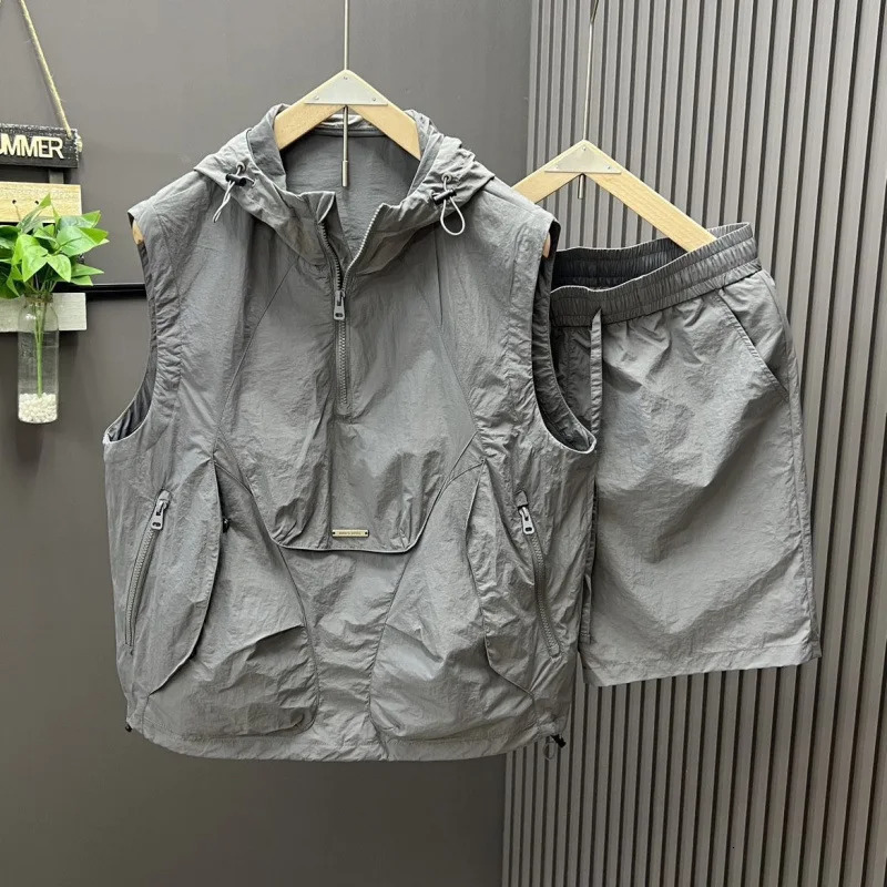 2pcs casual and fashionable hooded vest shorts set mens summer workwear thin and loose couple sleeveless suit 250614
