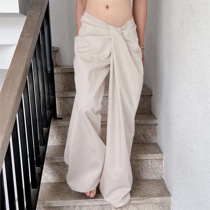 Design Sense Irregular Twist Casual For Women Simple Solid Color Low Waist Loose Straight Long Pants B5