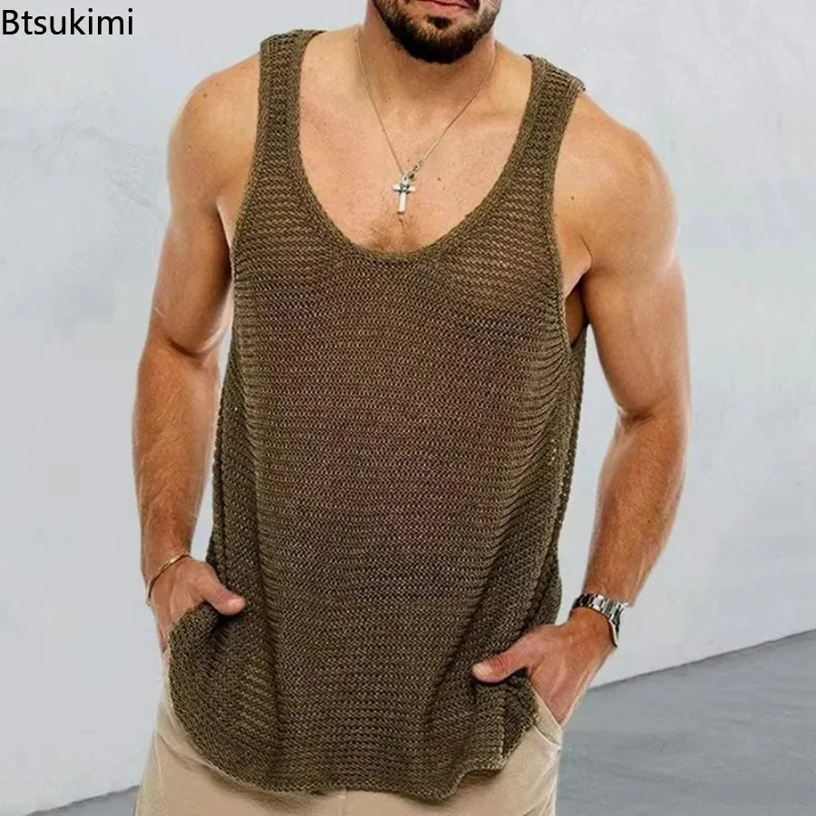 Mens Summer Tank Tops Loose Knit Sports Vest Fashion Solid 100% Viscose Sleeveless Male T-shirt Breathable Mesh Sports Top 250619