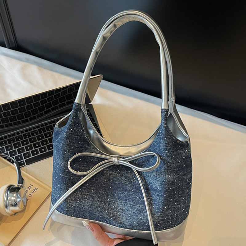 Free shipping designer Casual Denim Underarm Bag for Women 2025 New Fashion Korean Style College Tote Bag Patchwork Shoulder Bag Small Bag