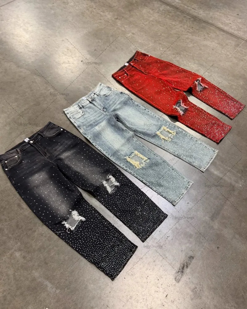 American high street fashion clothing retro ripped fashionable loose jeans men Y2K Harajuku casual straight wide-leg pants women 250617