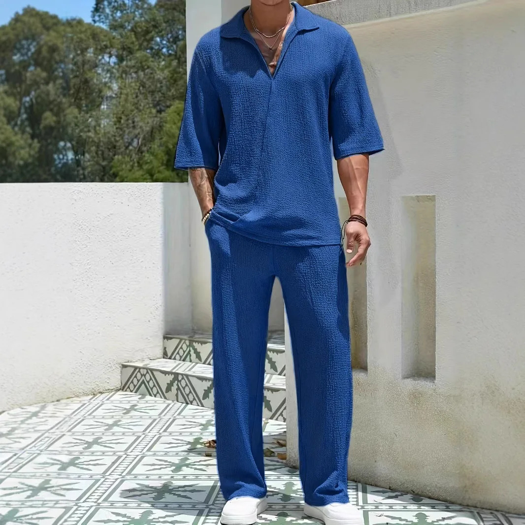 2025 spring and summer selling mens casual silky fabric shirt solid color half sleeve trousers two-piece set250616