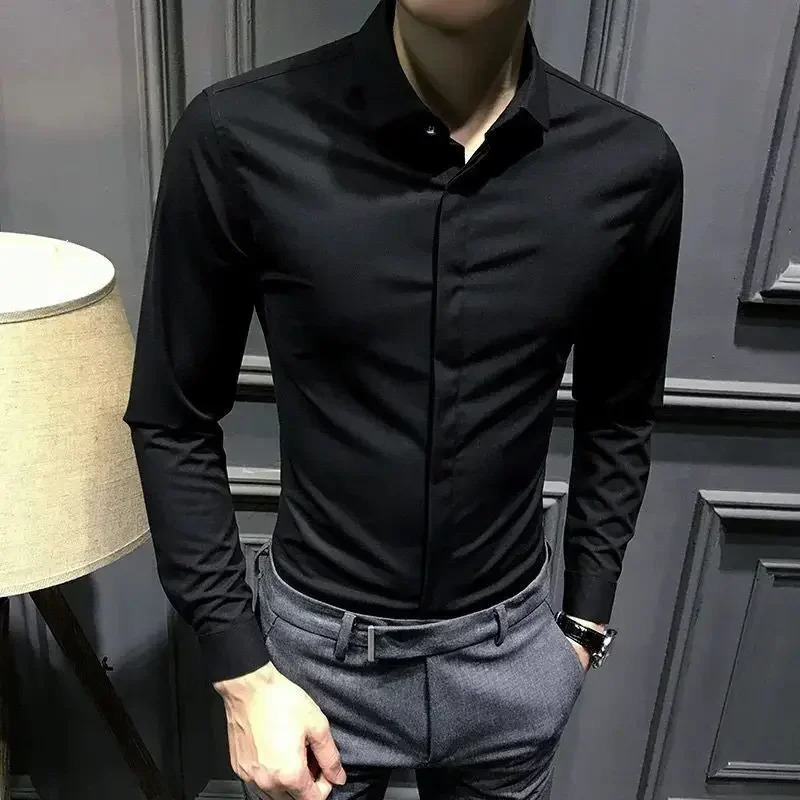Male Shirts Long Sleeve Black Business Mens Shirt Asia in Fashion Hipster Silk Things with Korean Style Regular 250619