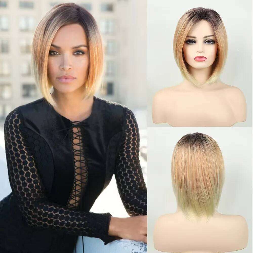 European and American fashion short straight gradient gold bob wig for women
