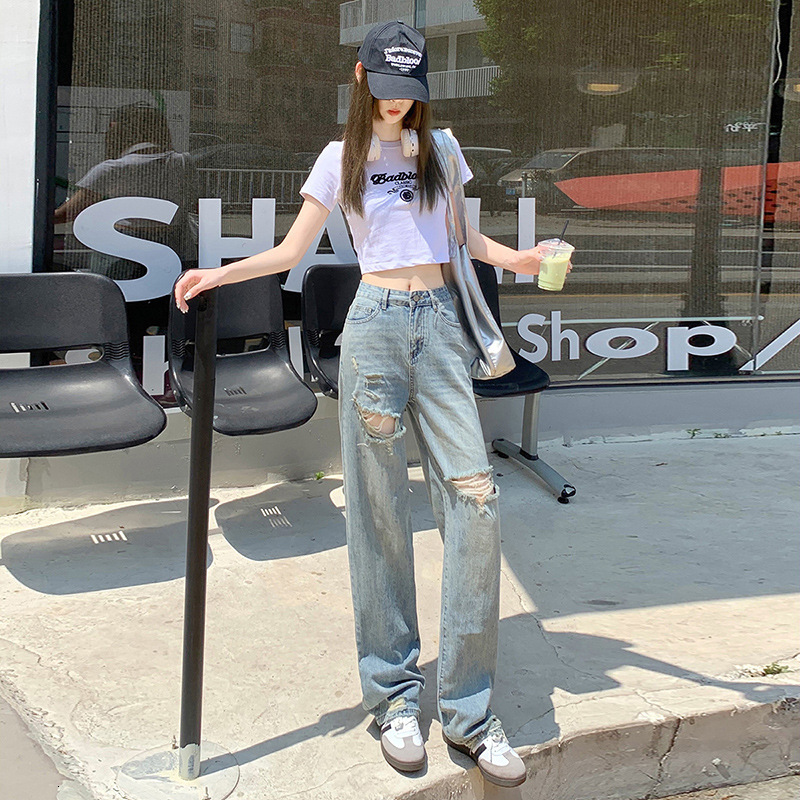 Designer Jeansamerican Style Ripped Jeans For Women Summer New Hot Girl Design High Street Loose Slimming Floor-length Wide-leg Pants