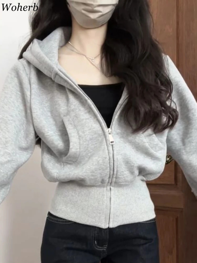 Korean Solid Color Tunic Hoodies Women Ropa Mujer Casual Sweatshirts Y2k Tops Spring Simple Zipper Fashion Cropped Hoodie 250616