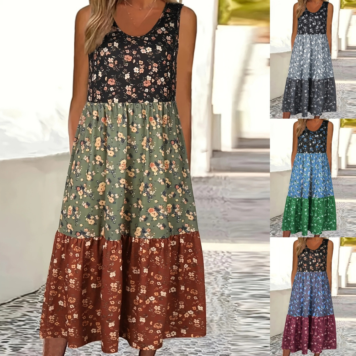 2025 New Cross-Border Foreign Trade European and American Women's Fashion Spring Summer Sleeveless Floral Mid-Length Loose Waist Pocket Dress
