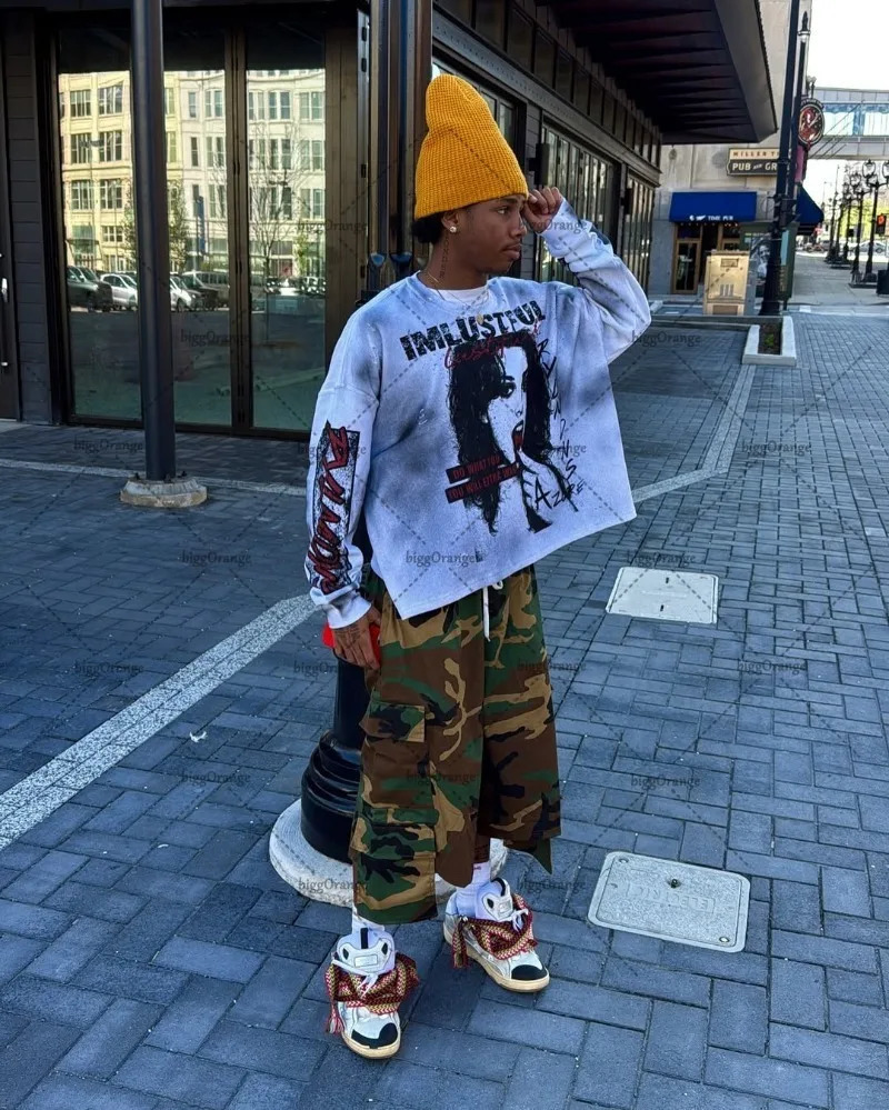 Hip-hop Y2K Harajuku Retro Graphic Top Men High Street Gothic Letter Oversized T-shirt Long Sleeve Casual Streetwear Women 250617