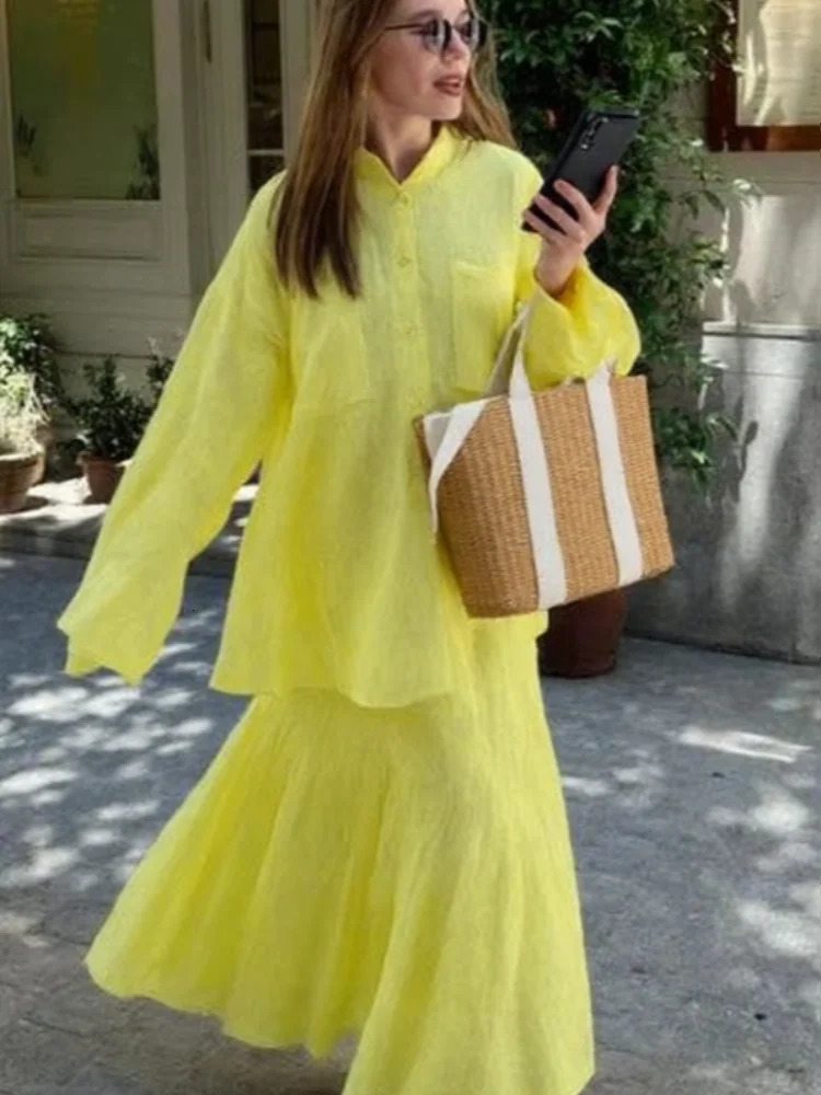 Fashion Yellow 2 Piece Sets Woman Outfit Casual Lapel Single-breasted Shirt High Waist Pleated Long Skirt Loose Lady Suit Summer 250616