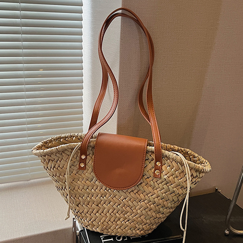 Free shipping designer Natural Straw Woven Bag Shoulder Bag New PU Patchwork Woven Bag Beach Vacation Bag Color Block Tote Bag Handbag