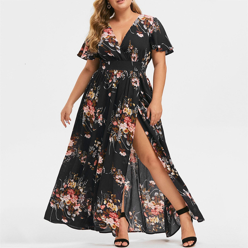 Designer Plus Size Dress2025 New European And American Women's Fashion Cross-border Amazon Summer V-neck Hem Split Print Dress Long Dress Plus
