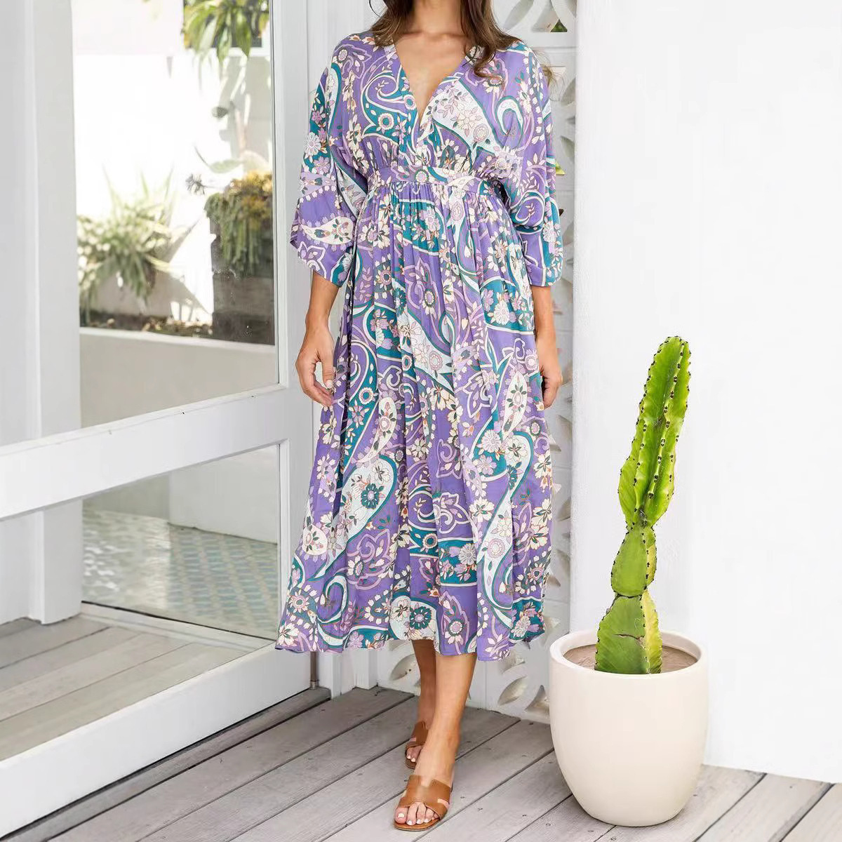 Designer Plus Size Dresseuropean And American Foreign Trade 2025 Summer New V-neck Casual Beach Vacation Dress Loose Waist Plus Size Elegant Dress
