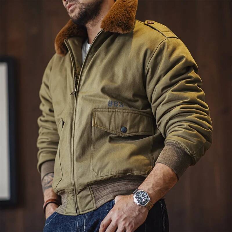25/26 Maden Vintage B10 Bomber Zippered Flight Coat With Fur Collar Lapel Pockets Green Cotton Jacket For Men's Winter