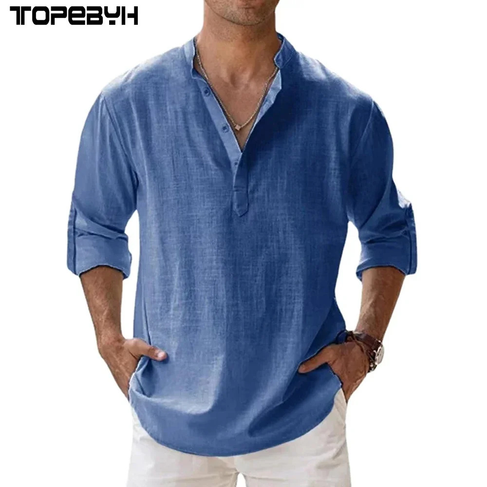 Mens Linen Long Sleeve T-Shirts Breathable Shirt Solid Color Casual Basic Cotton Linen Shirt Tops 250614