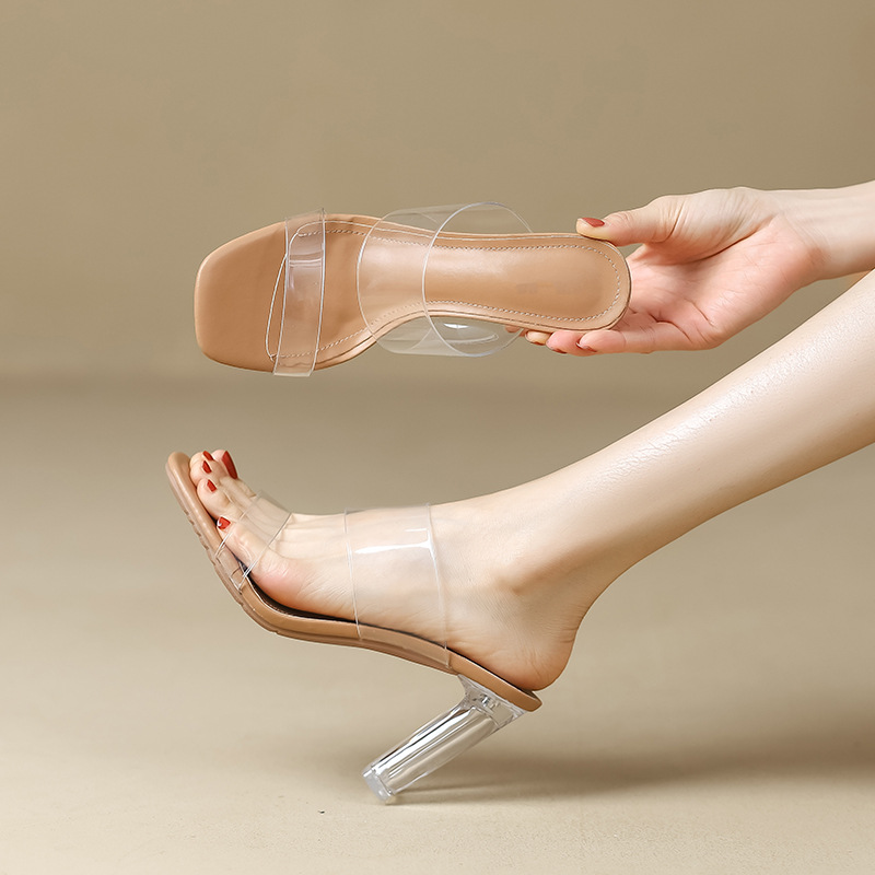 2025 New Women's Versatile Crystal High Heels Coarse Heels Sandals Summer Women's Transparent High Heels 34-40