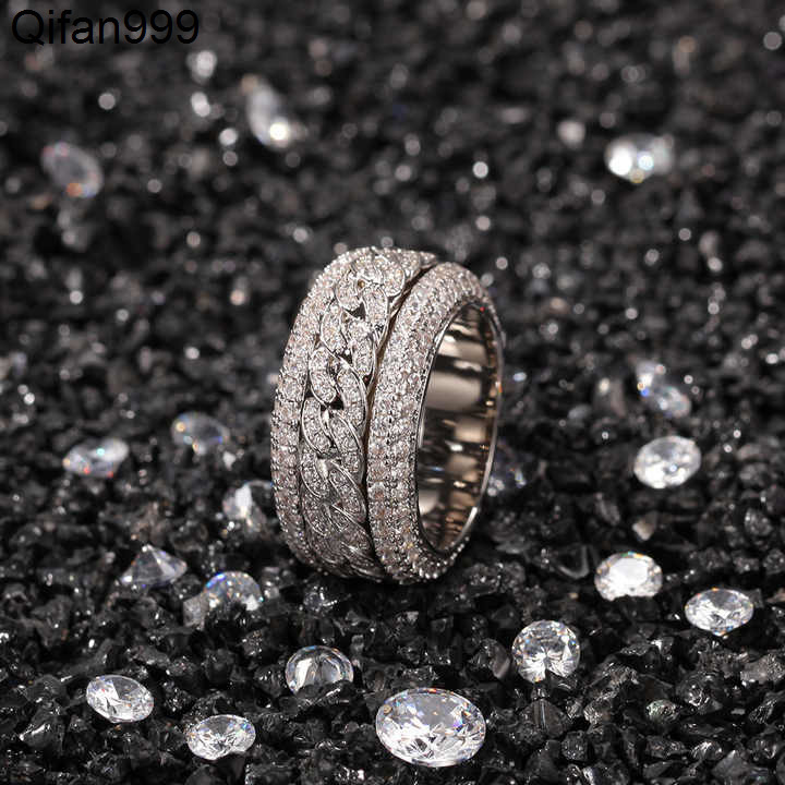 Moissanite Diamond Ring Gold Bling Hip Hop Iced Out Finger Ring Cuban Link Chain 11mm Exaggerated Band Ring for Women Men
